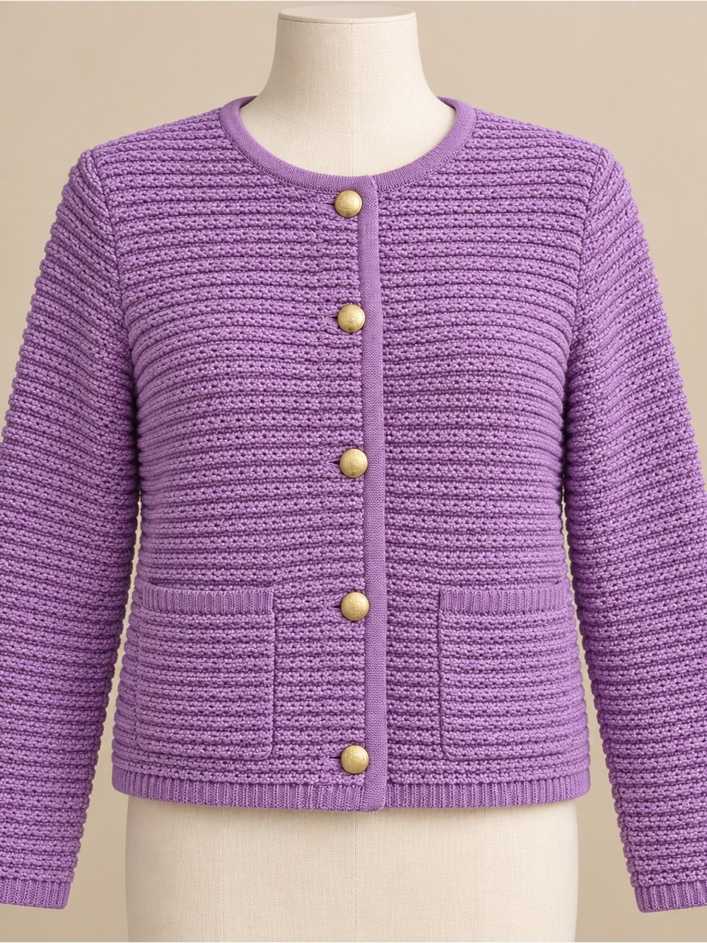Talbots Lavender Textured Knit Crewneck Cardigan with Gold Buttons